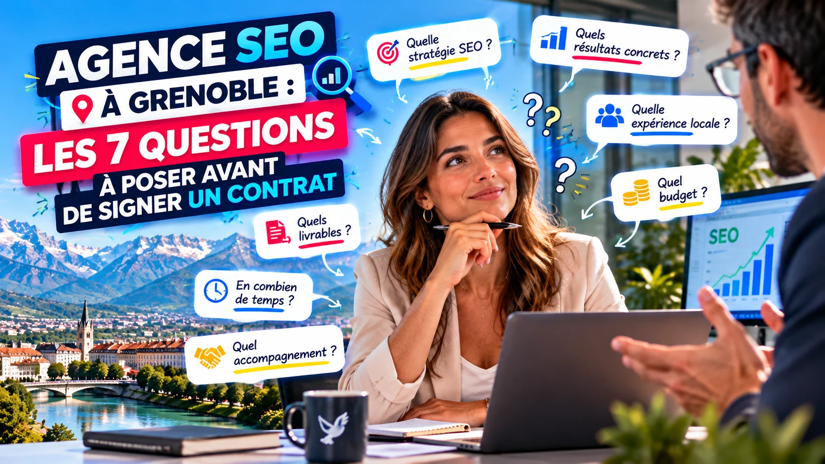 Agence SEO à Grenoble : une dirigeante réfléchit aux 7 questions à poser avant de signer un contrat de référencement
