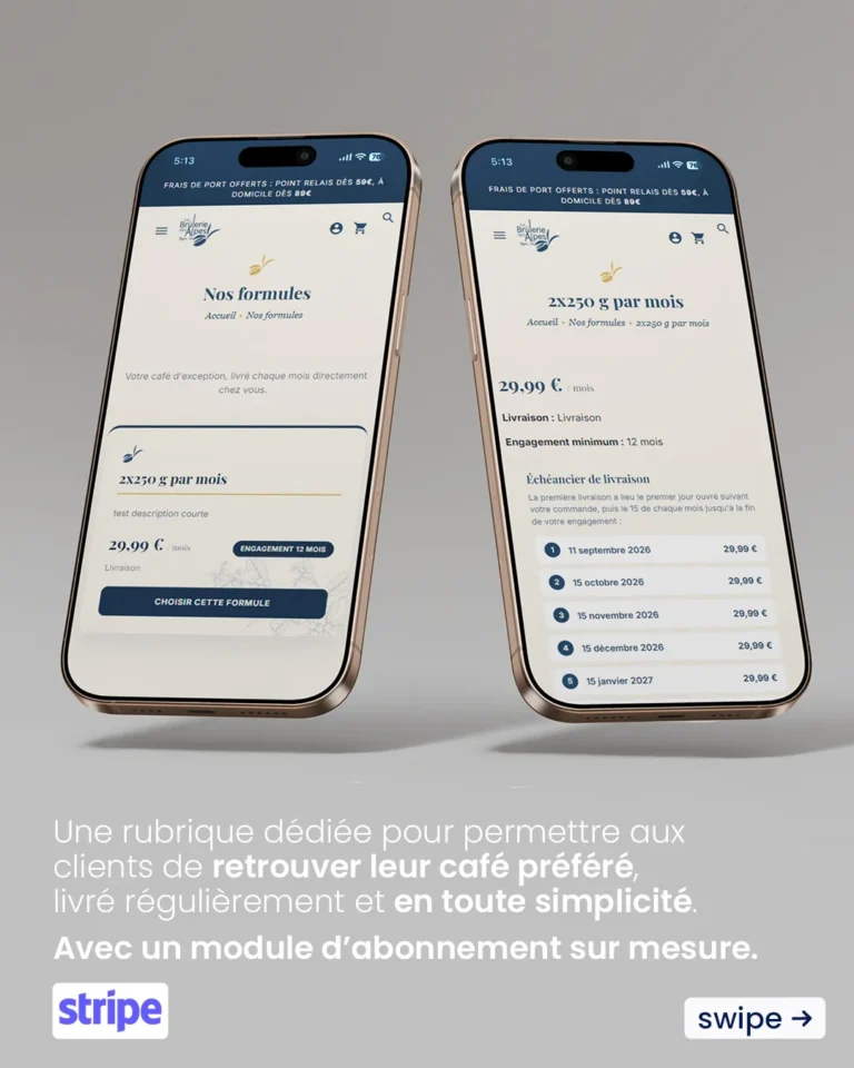 Module d’abonnement au café sur mesure de La Brûlerie des Alpes, avec paiement Stripe