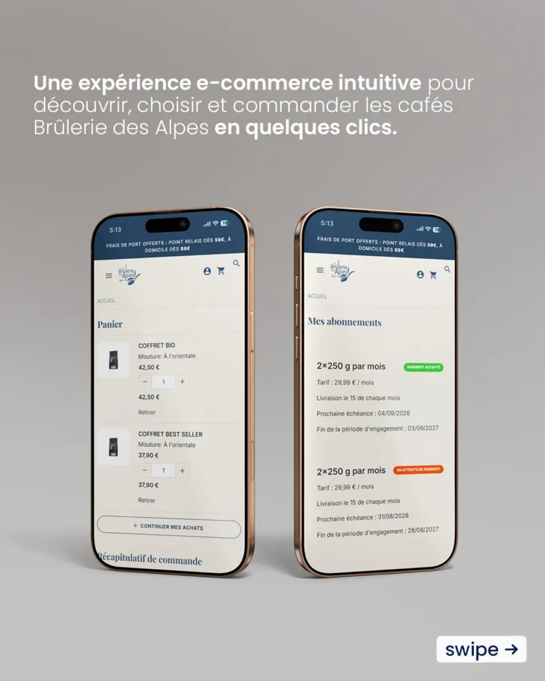 Panier et suivi des abonnements sur mobile, boutique La Brûlerie des Alpes