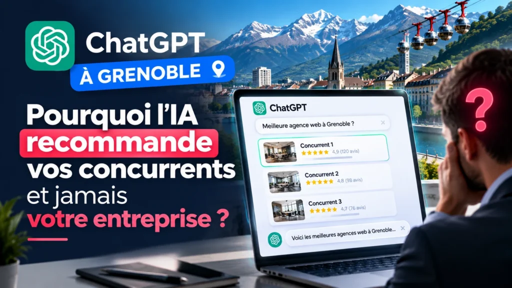 ChatGPT à Grenoble : un dirigeant découvre que l’IA recommande trois concurrents sur son ordinateur, avec les montagnes et les bulles de Grenoble en arrière-plan