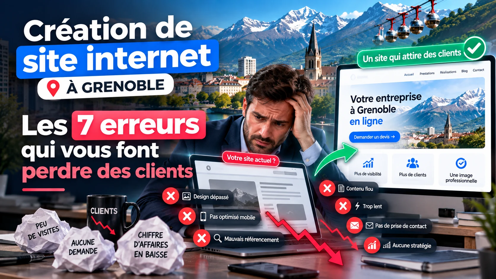 Création de site internet à Grenoble : un dirigeant découragé devant son ancien site, les 7 erreurs listées et un nouveau site qui attire des clients