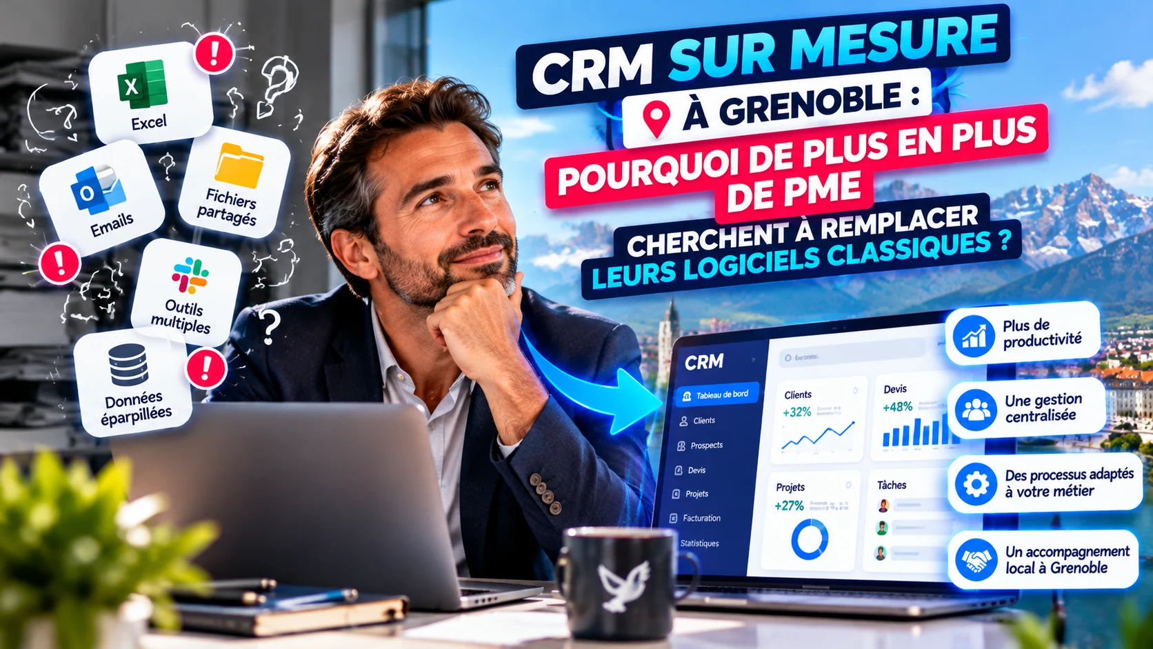 CRM sur mesure à Grenoble : un dirigeant passe de données éparpillées entre Excel, e-mails et fichiers partagés à un CRM centralisé