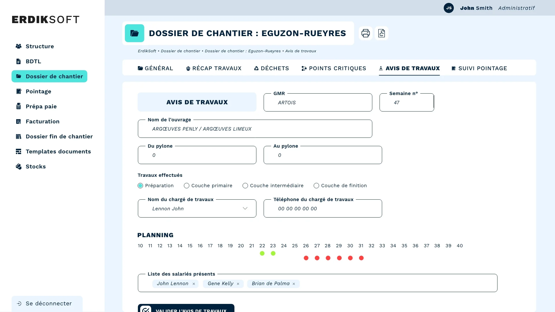 ErdikSoft : création d’un avis de travaux avec planning hebdomadaire et salariés affectés au chantier