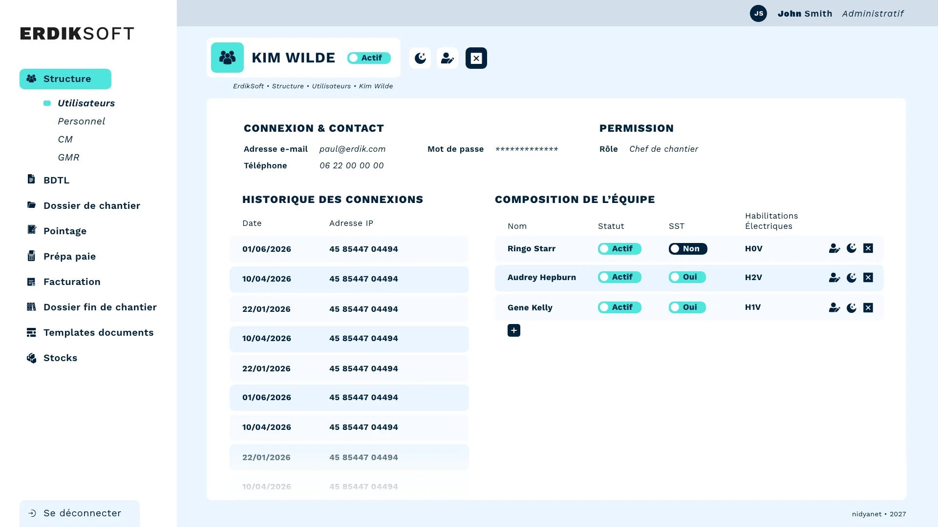 ErdikSoft : fiche utilisateur avec rôle, historique des connexions et composition de l’équipe