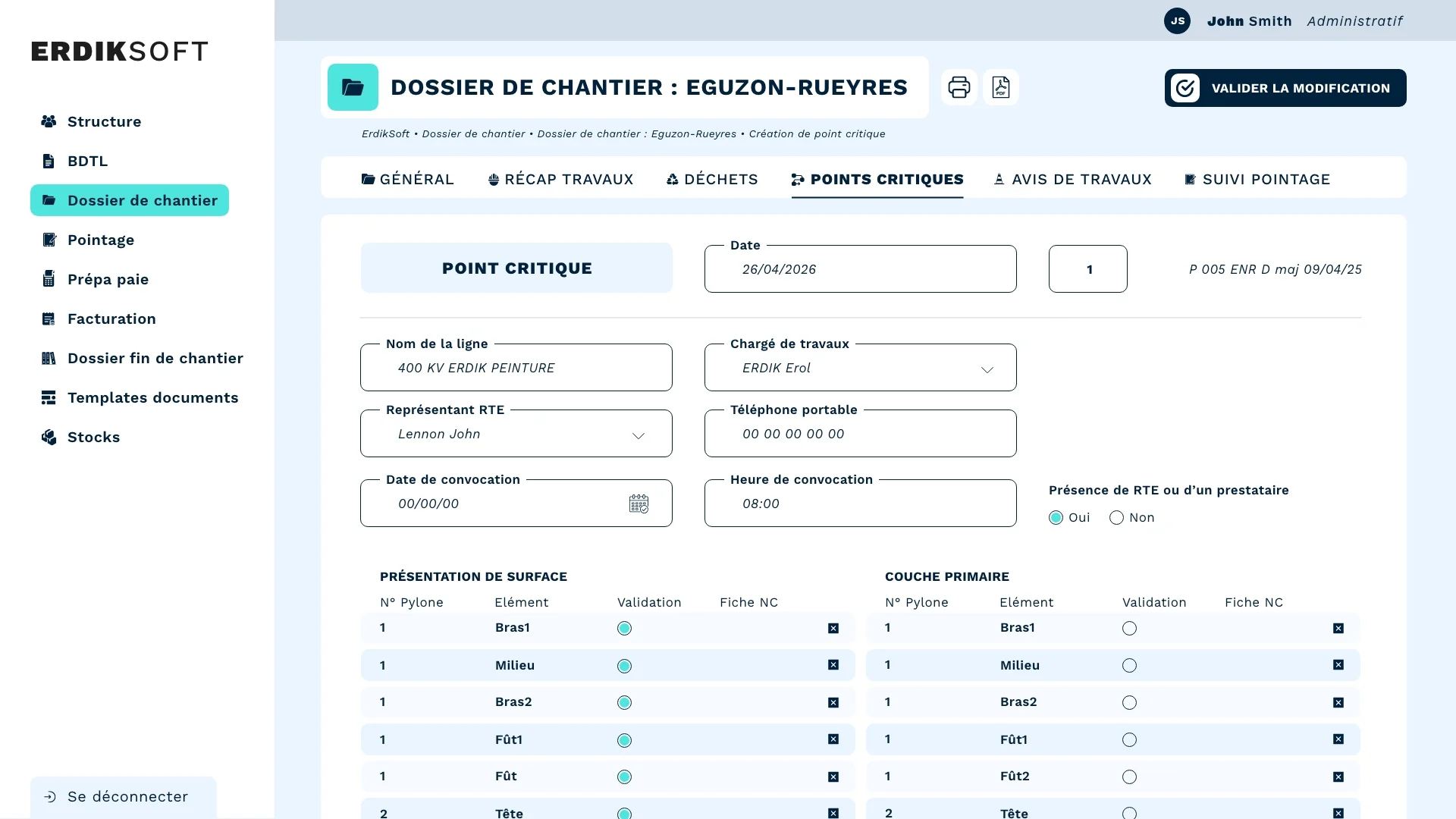 ErdikSoft : création d’un point critique et validation des couches de peinture par élément de pylône