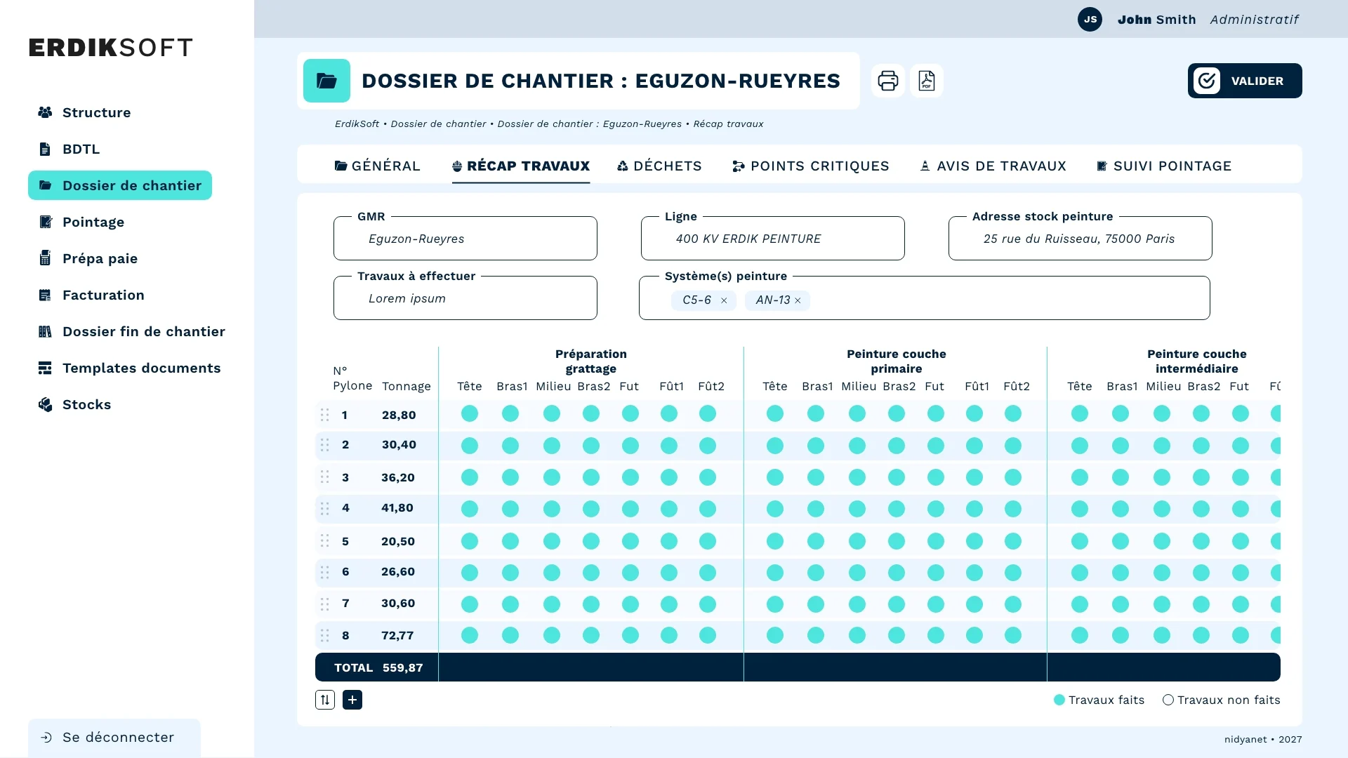 ErdikSoft : récap travaux du dossier de chantier, suivi de la préparation et des couches de peinture pylône par pylône