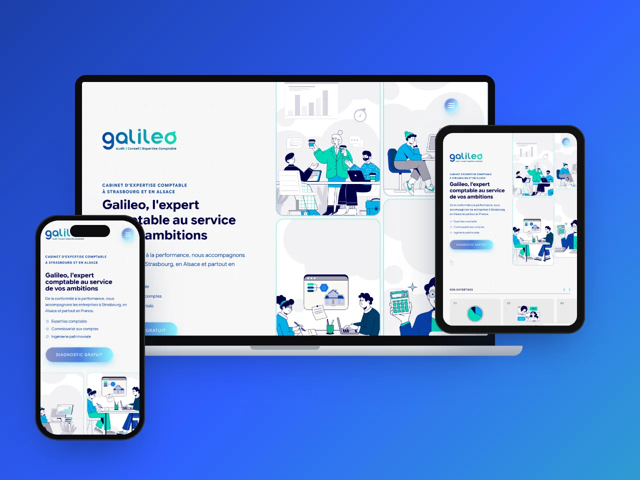 Site Galileo Conseil sur ordinateur, tablette et mobile, réalisé par Nidyanet