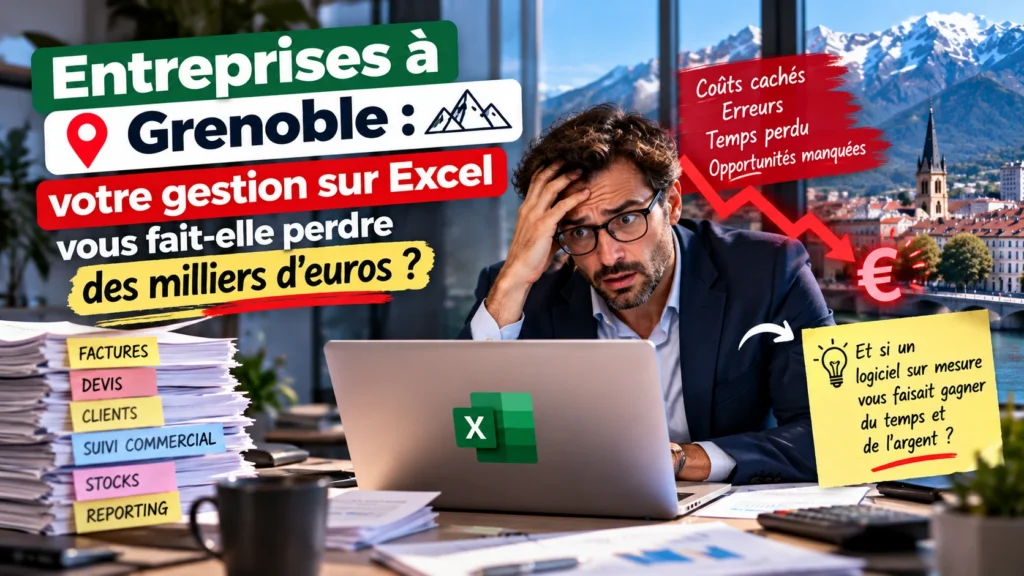 Entreprises à Grenoble : un dirigeant débordé par sa gestion sur Excel, factures, devis et stocks empilés, face à l’idée d’un logiciel sur mesure