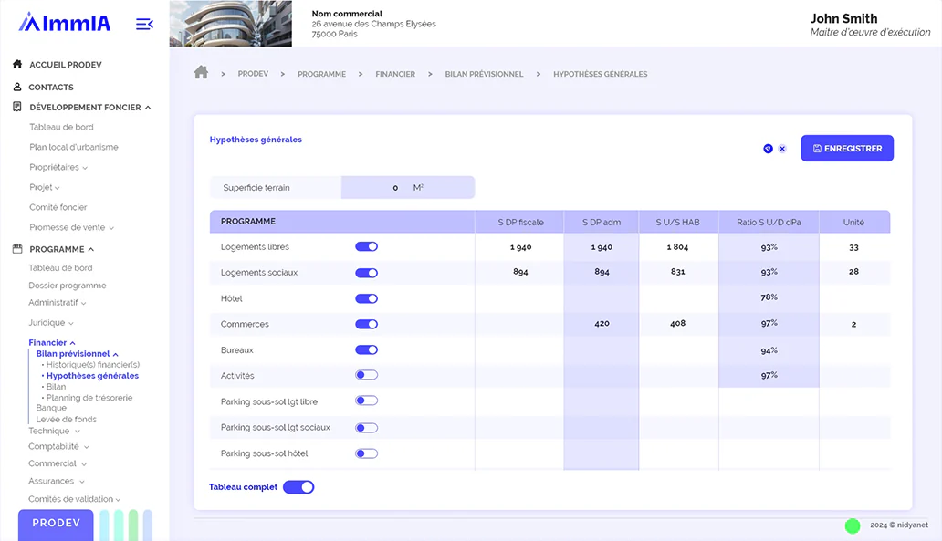 ImmIA : hypothèses générales du bilan prévisionnel par typologie (logements libres, sociaux, commerces, bureaux)