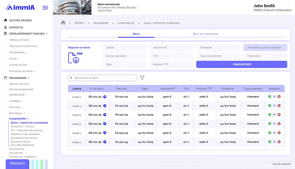 ImmIA : dépôt de devis avec remplissage automatique par l’IA et suivi des devis, factures et validations