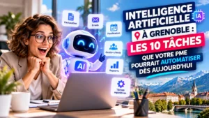 Intelligence artificielle à Grenoble : une dirigeante enthousiaste devant un assistant IA qui automatise facturation, e-mails, planification et rapports