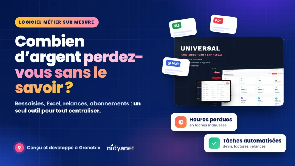 Illustration Nidyanet : fichiers Excel, PDF et e-mails dispersés à côté d’un logiciel métier sur mesure, avec les mentions heures perdues en tâches manuelles et tâches automatisées, conçu et développé à Grenoble