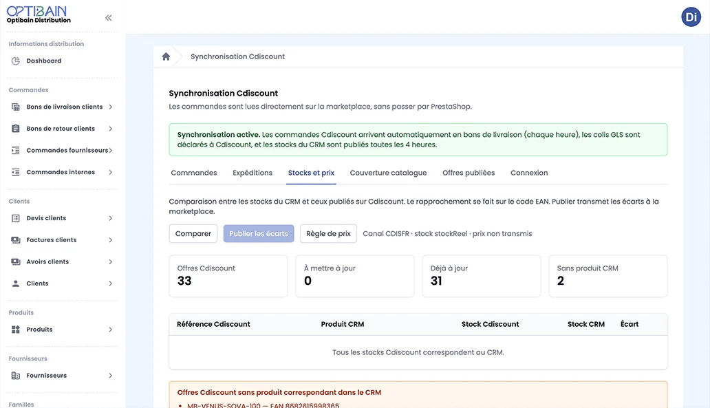 CRM Optibain : audit de couverture du catalogue entre le CRM et Cdiscount, écarts de prix et anomalies