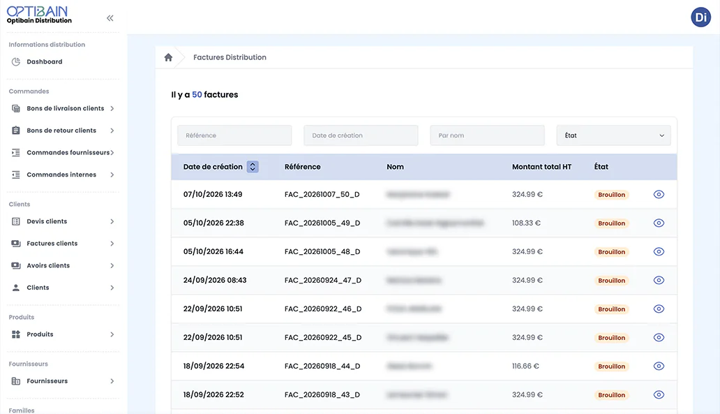 CRM / ERP Optibain : bon de livraison d’une commande e-boutique avec statut, règlement et génération des documents
