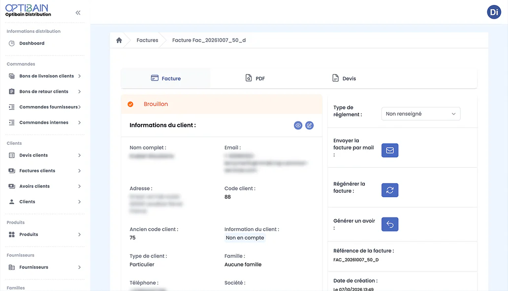 CRM / ERP Optibain : catalogue produits avec prix fournisseur, prix remisés, stock réel et stock virtuel