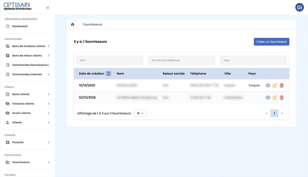 CRM / ERP Optibain : liste des devis clients avec montants HT / TTC et statut