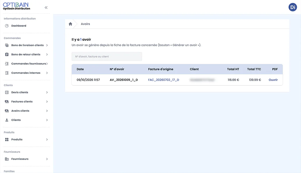 CRM / ERP Optibain : facture client avec envoi par e-mail, régénération et génération d’un avoir