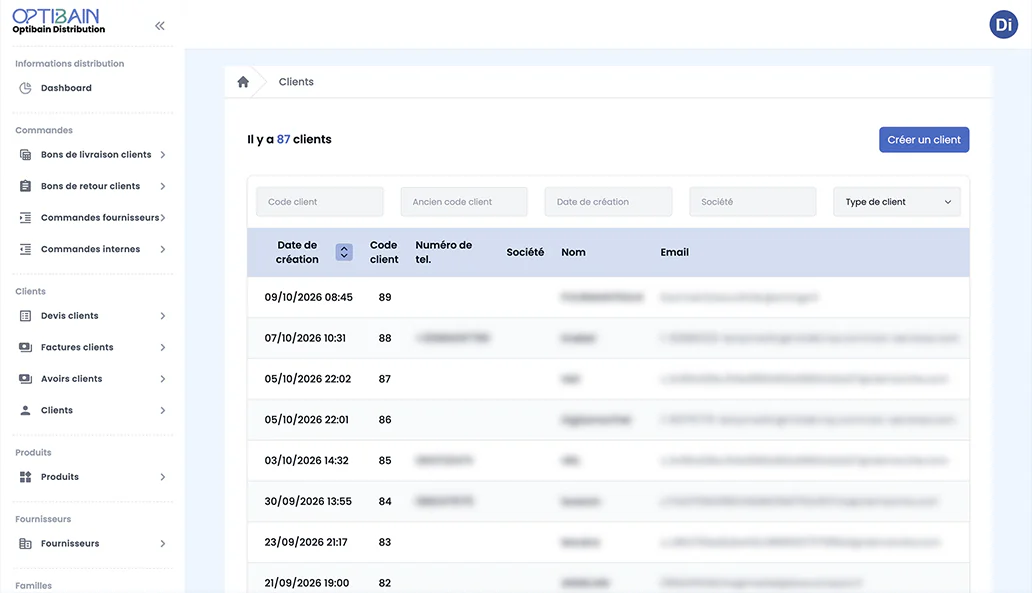 CRM / ERP Optibain : fiche produit avec code EAN13, SKU, caractéristiques et activation dans la boutique en ligne
