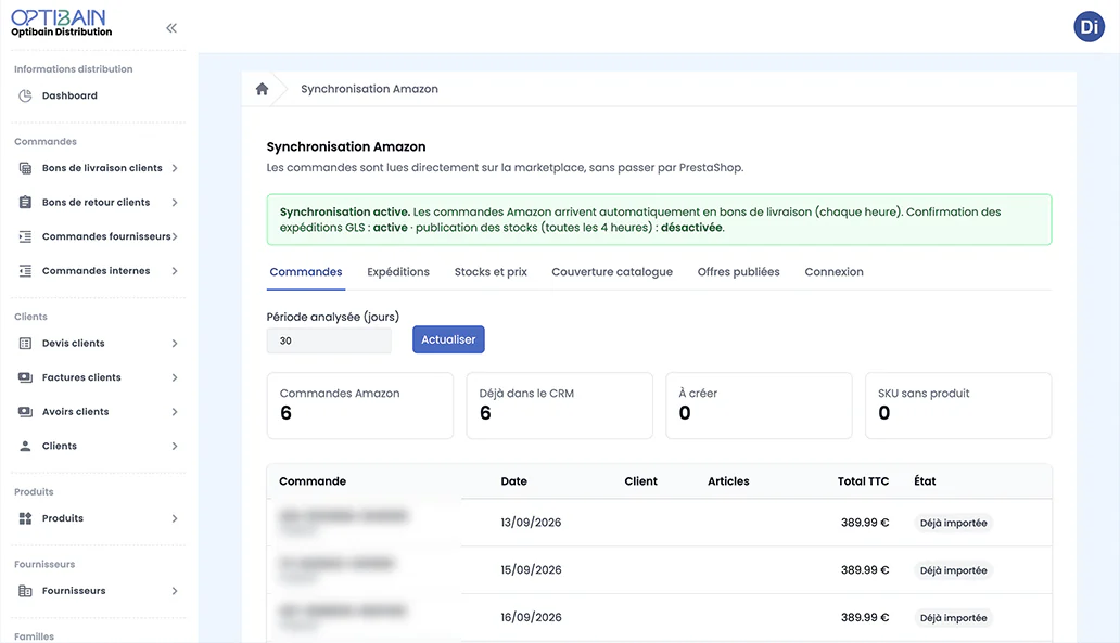 CRM Optibain : synchronisation Amazon avec import automatique des commandes et confirmation des expéditions GLS