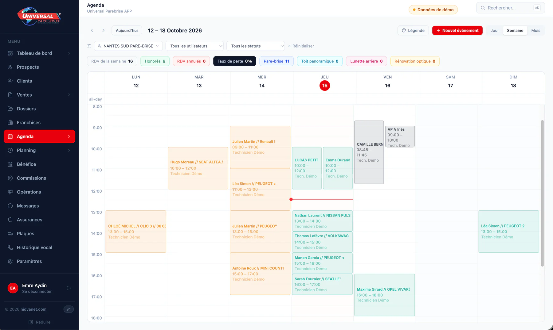 CRM Universal Pare-Brise : agenda des rendez-vous pare-brise d’une agence (données de démonstration)