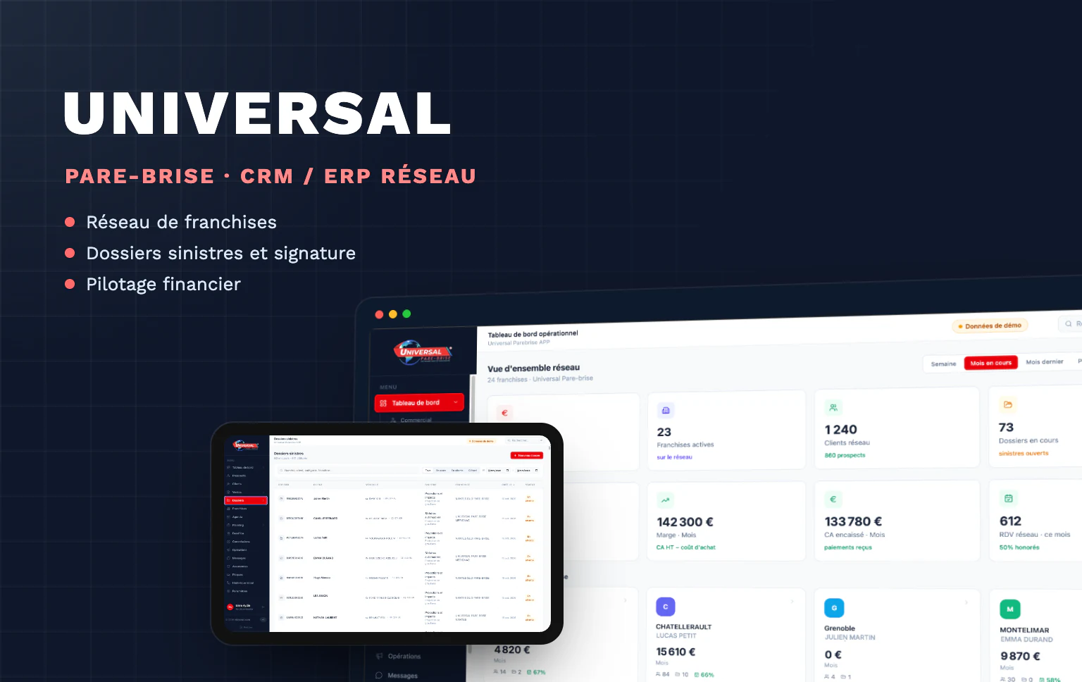 Logiciel CRM/ERP Universal Pare-Brise pour réseau de franchises, sur ordinateur et tablette