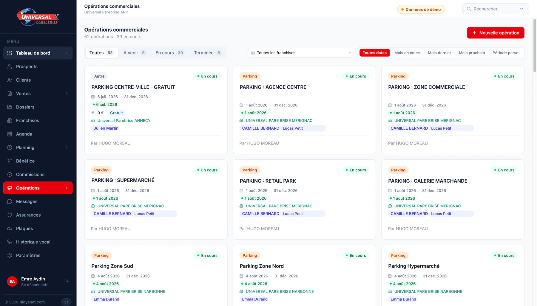 CRM Universal Pare-Brise : suivi des opérations commerciales du réseau (données de démonstration)