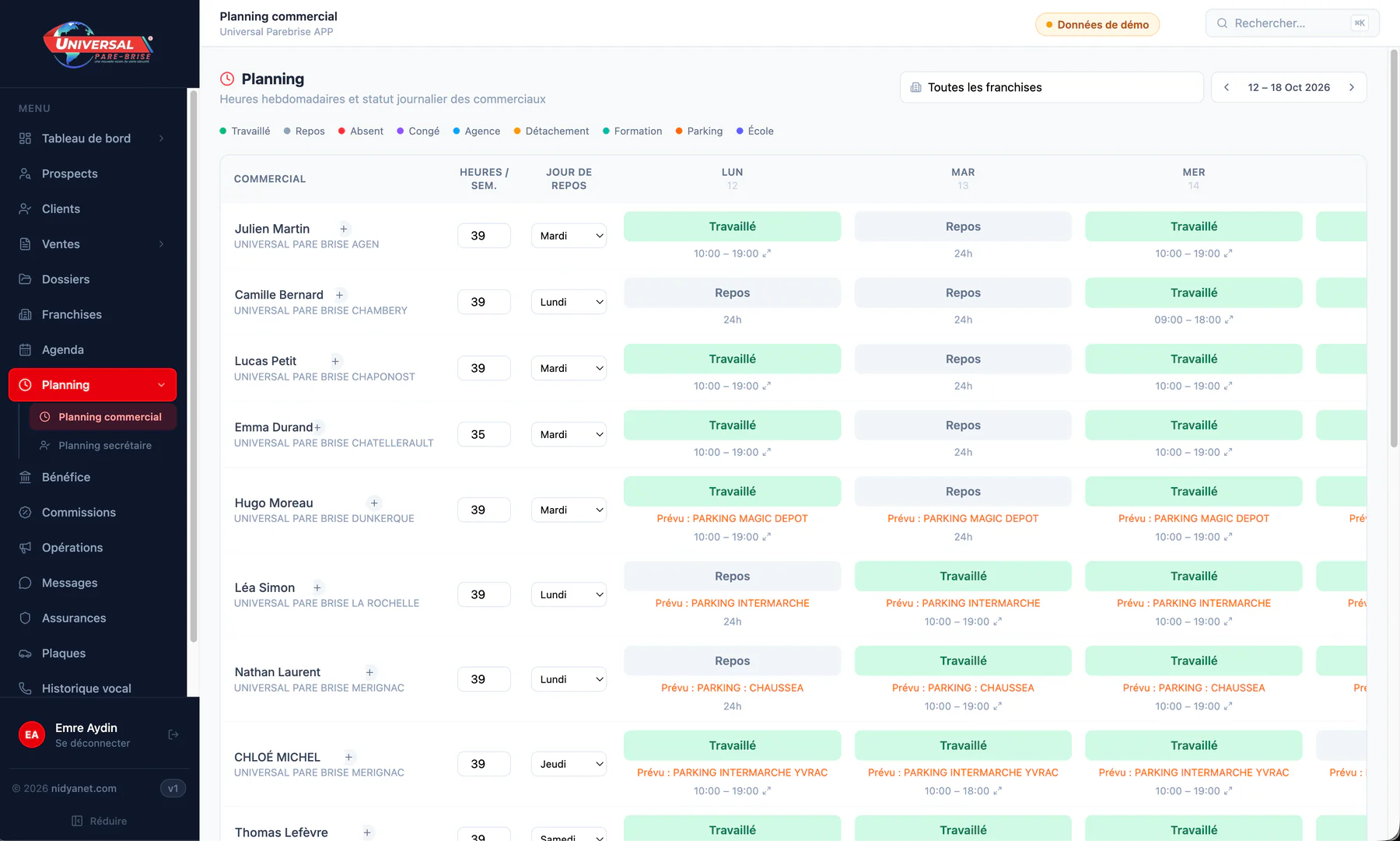 CRM Universal Pare-Brise : planning hebdomadaire des commerciaux du réseau (données de démonstration)