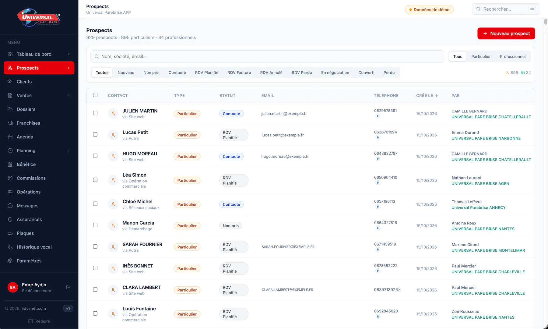 CRM Universal Pare-Brise : pipeline des prospects avec phases commerciales (données de démonstration)