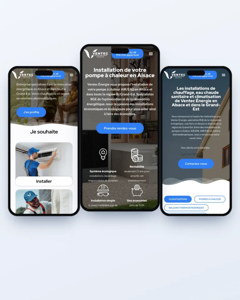 Site Ventec Énergie sur smartphone : accueil, pompe à chaleur et réalisations