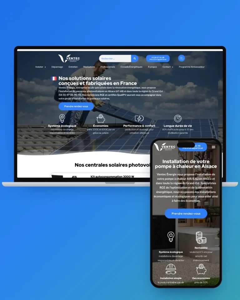 Site de Ventec Énergie sur ordinateur et mobile, réalisé par Nidyanet